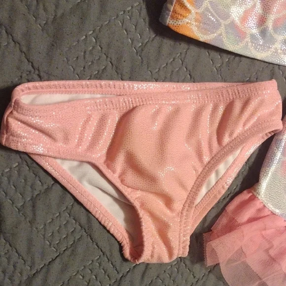 Pink and Multicolor Kids Mermaid Bikini 3 Pc Set. - Picture 4 of 7